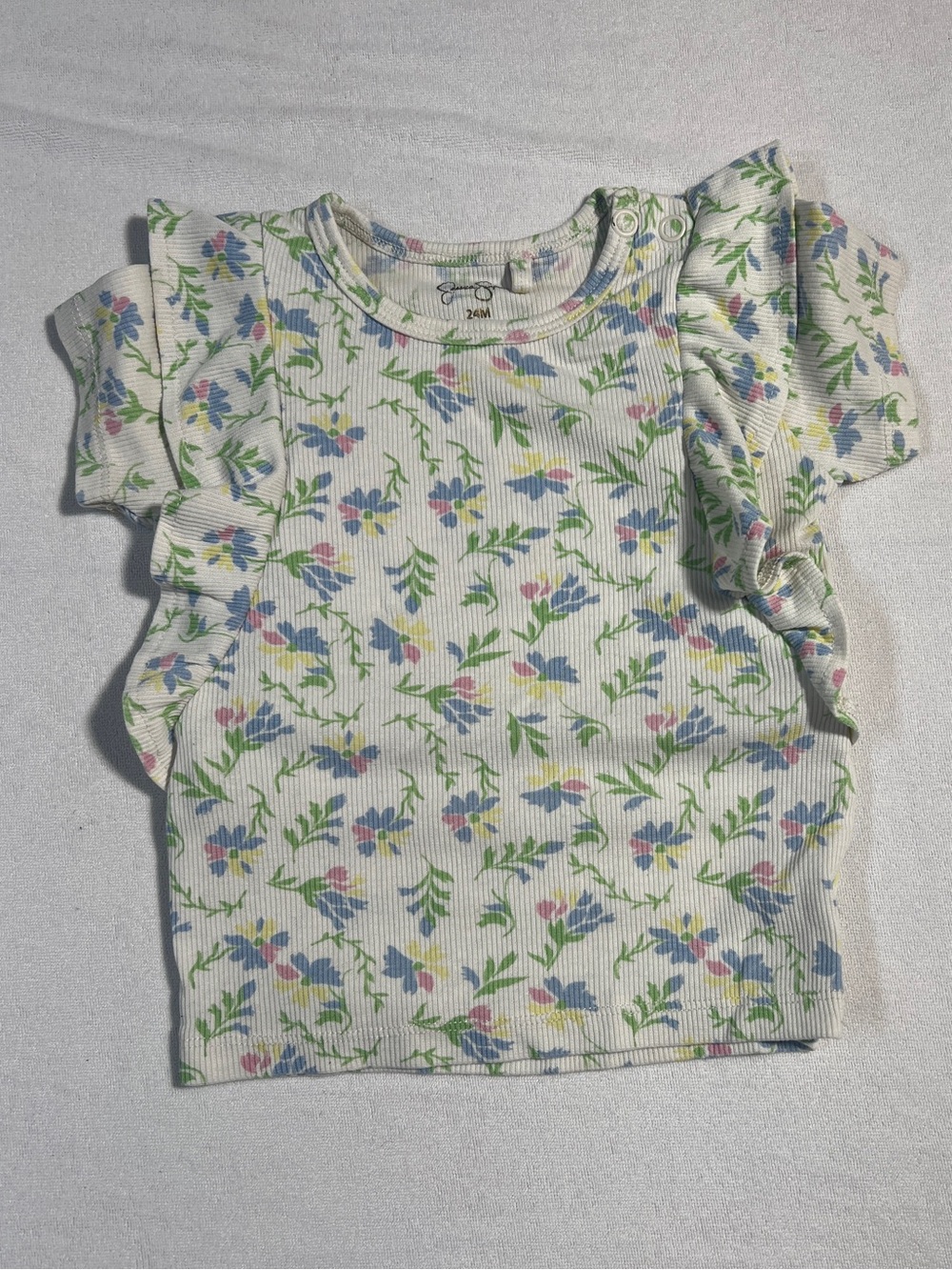 Jessica Simpson Toddler Girls Ribbed Floral Ruffle Top Cream 24M